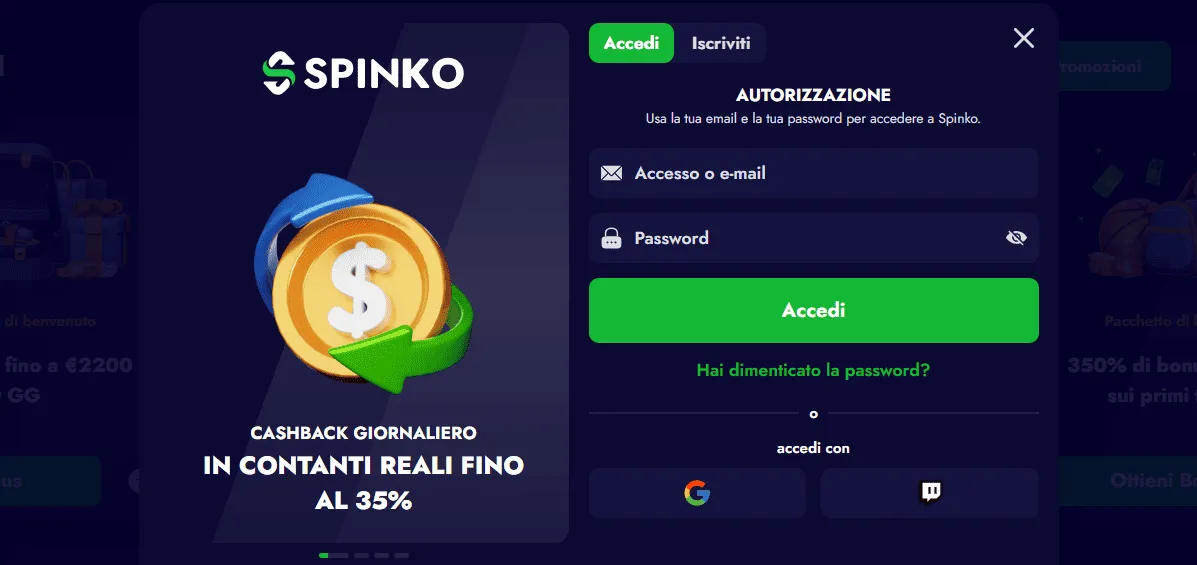 Registrazione Spinko Casino 1